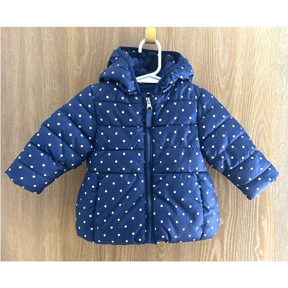 Healthtex Baby Puffer Coat | Navy, White Polka Dots 12M | Pockets - Picture 5 of 6